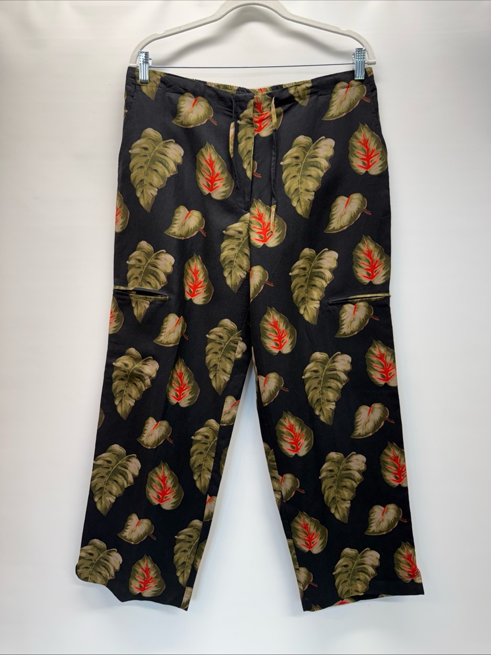 VTG David Paul New‎ York Pants Sz 12 Linen Blend Black Tropical Print Cargo Y2K